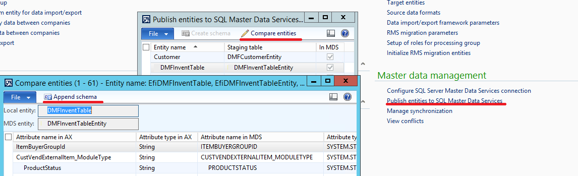Append schema button in Compare entities form
